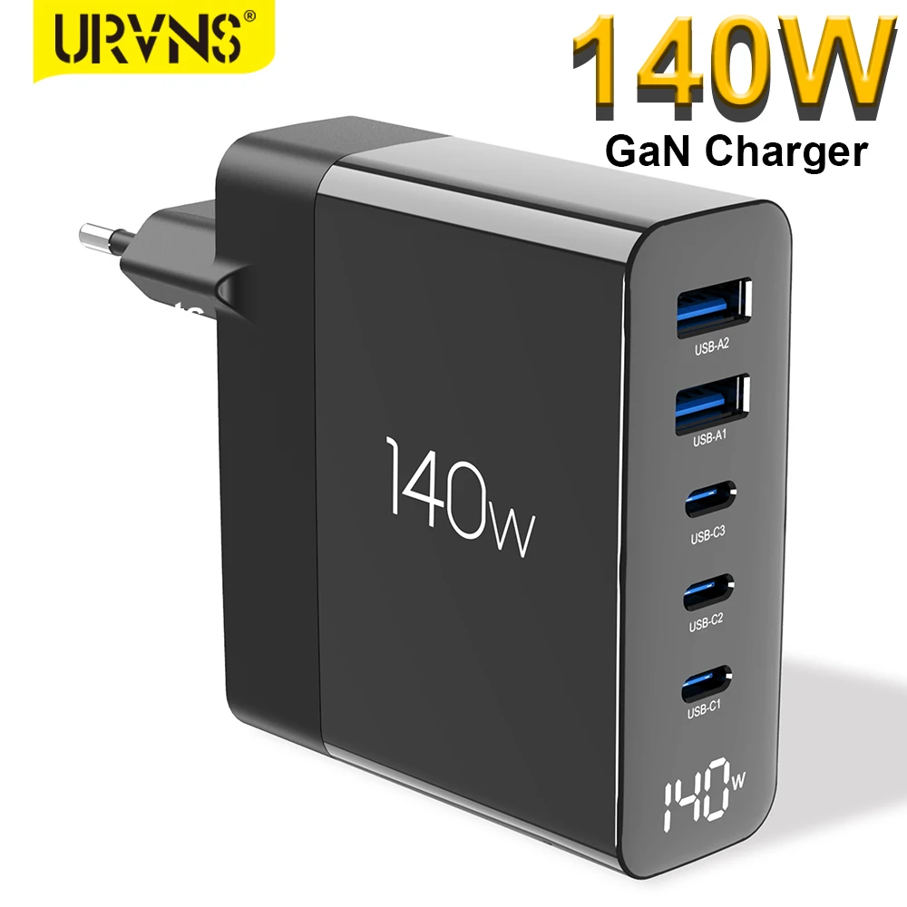 

URVNS GaN 140W USB C Wall Charger with LED Display, 5-Port PD 100W PPS 45W QC4+ Fast Charging Adapter for MacBook iPhone Galaxy