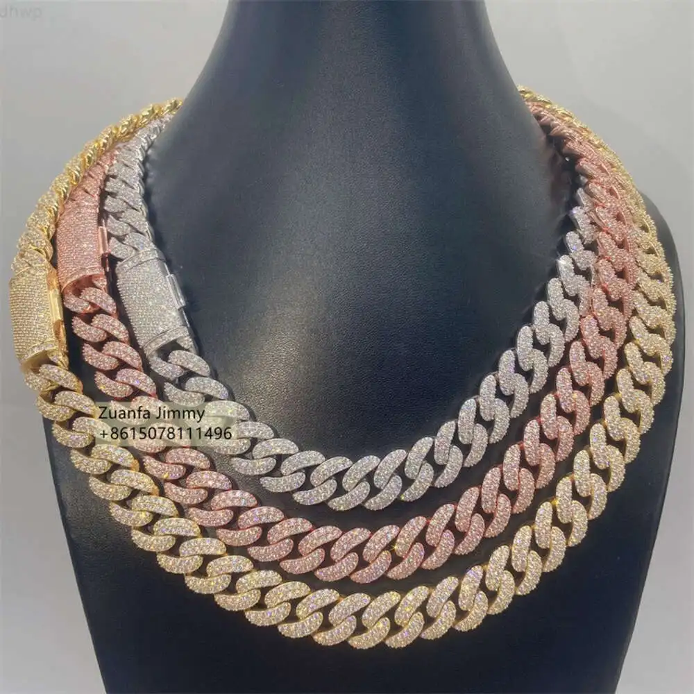 

13mm Two Row Pass Diamond Tester Shining Iced Out Vvs1 Moissanite Diamond Chocker Cuban Link Chain Necklace