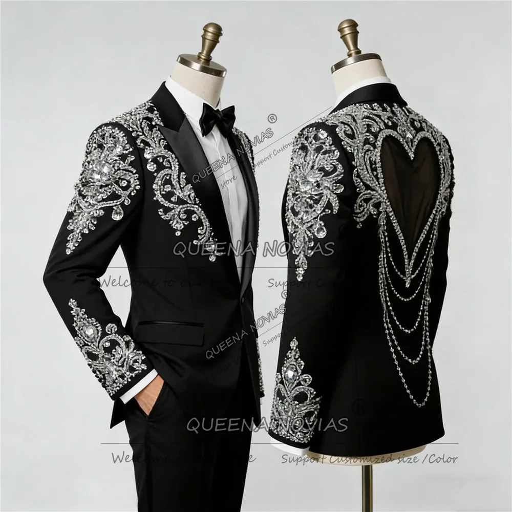 

Male Fashion Beaded Stones Suits Men Slim Fit Single Breasted Jacket Pants 2 Piece Set Groom Blazer Illusion Wedding Tuxedos