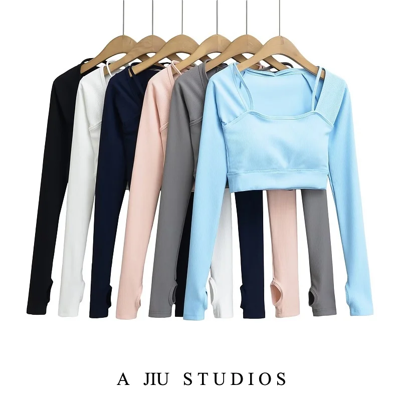 

Tight Fitn Pilates Yoga Clothes Women's ort Crop Top Hanging Ne Square Collar Spicy Base irt Street Sle Long Sve