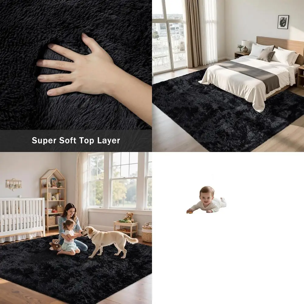 

Большой ультрамягкий черный коврик Shag, 8x10 для гостиной, моющийся плюшевый ковер, нескользящий для детей, детской, офиса, современный де