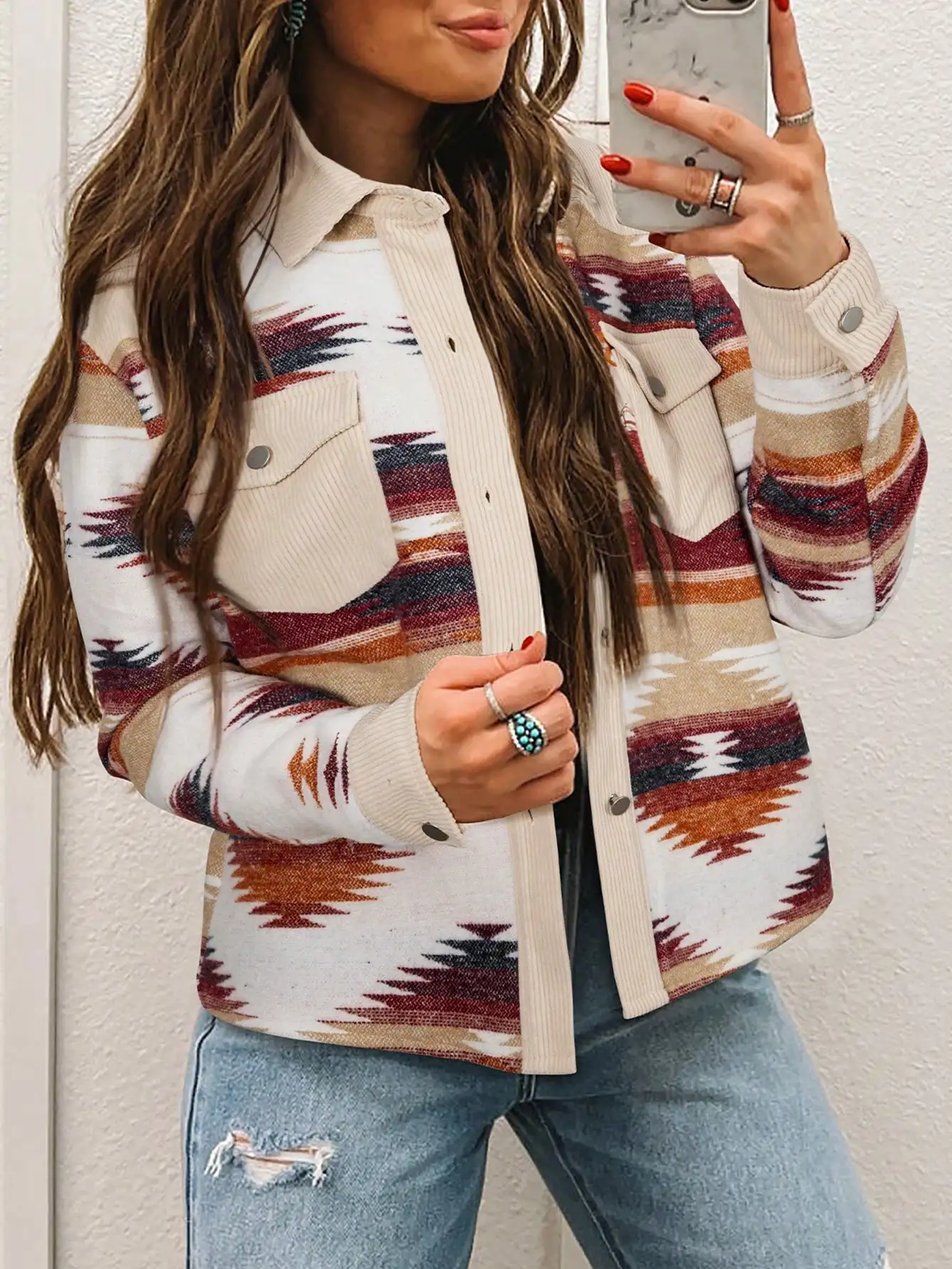

Women's Western-Inspired Geometric Print Ribbed Shirt Jacket with Flip Pockets