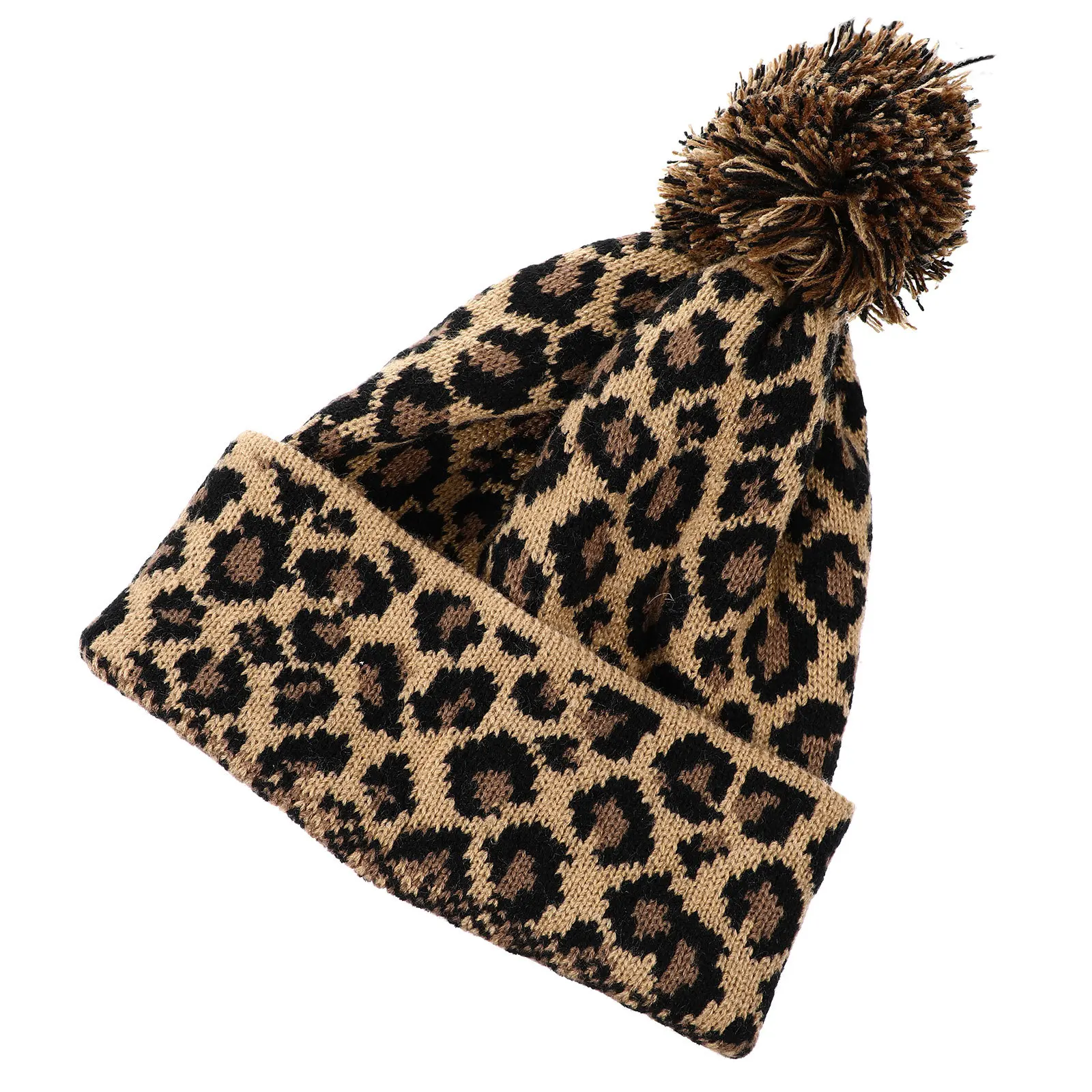 

Knitted Winter Hat Women Leopard Print Wool Beanie Coffee Warm Stylish Soft Material High Quality Easy to Clean