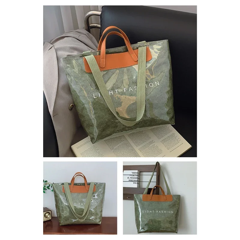 Klare Tragetasche aus PVC-Kraftpapier mit Farbkontrast, luxuriöse Vintage-Hobo-Umhängetasche, wasserdichte Shopper-Handtasche mit Buchstaben oben – Detail 8