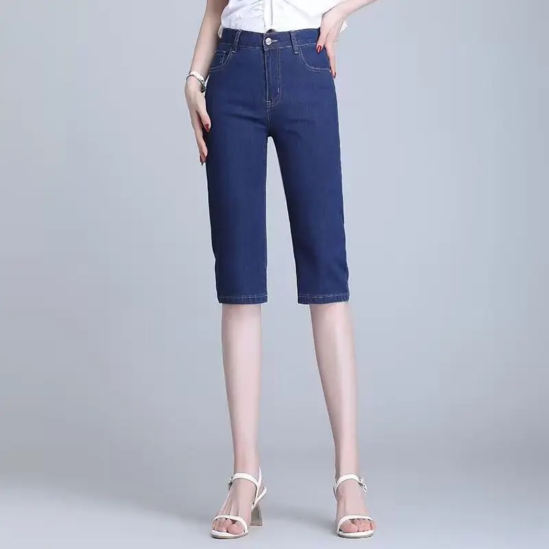 

Women High Waist Denim Capri Pants Blue Straight Leg Knee Length Jeans Strench Summer Casual Cropped Trousers