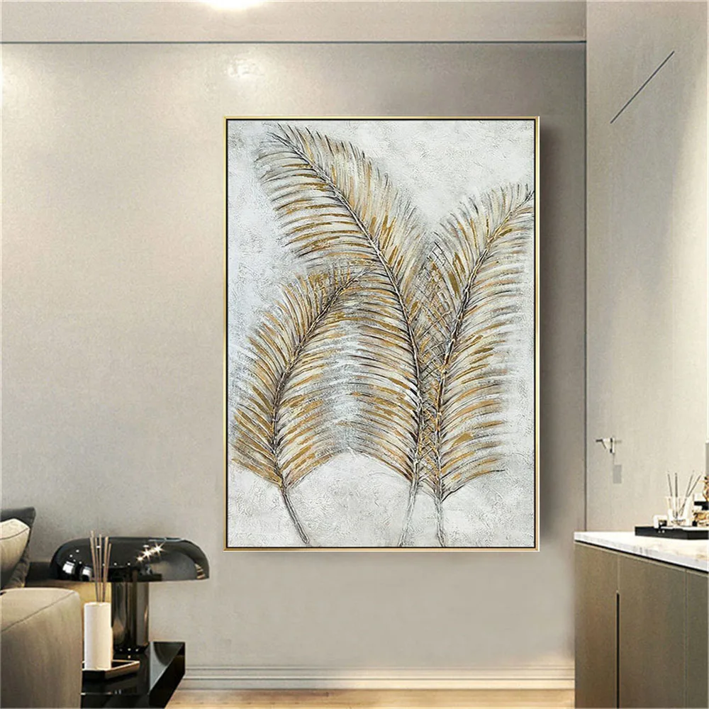 High Quality Hand Painted Nordic Golden Palm Leaf Canvas Oil Painting Tree Leaf Wall Art Pictures For Living Room Decor Aisle