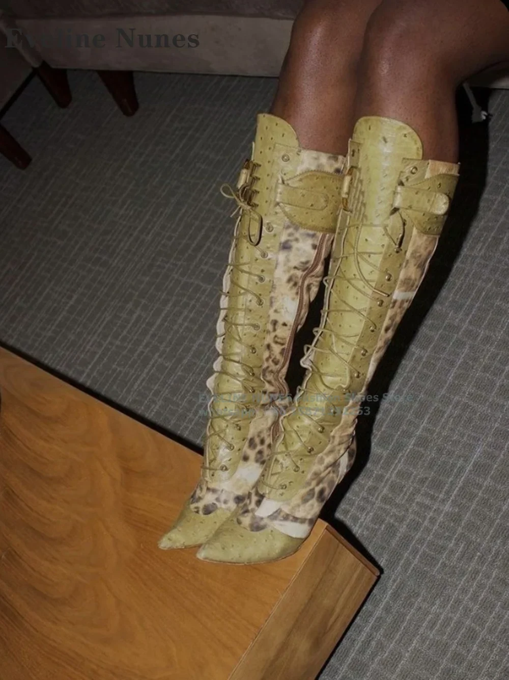 Leopard Cross Tied Patchwork Knee-High Boots Pointed Thin Heels Zipper Closure Sexy Runway Show Modern Booties Spicy Girl Newest