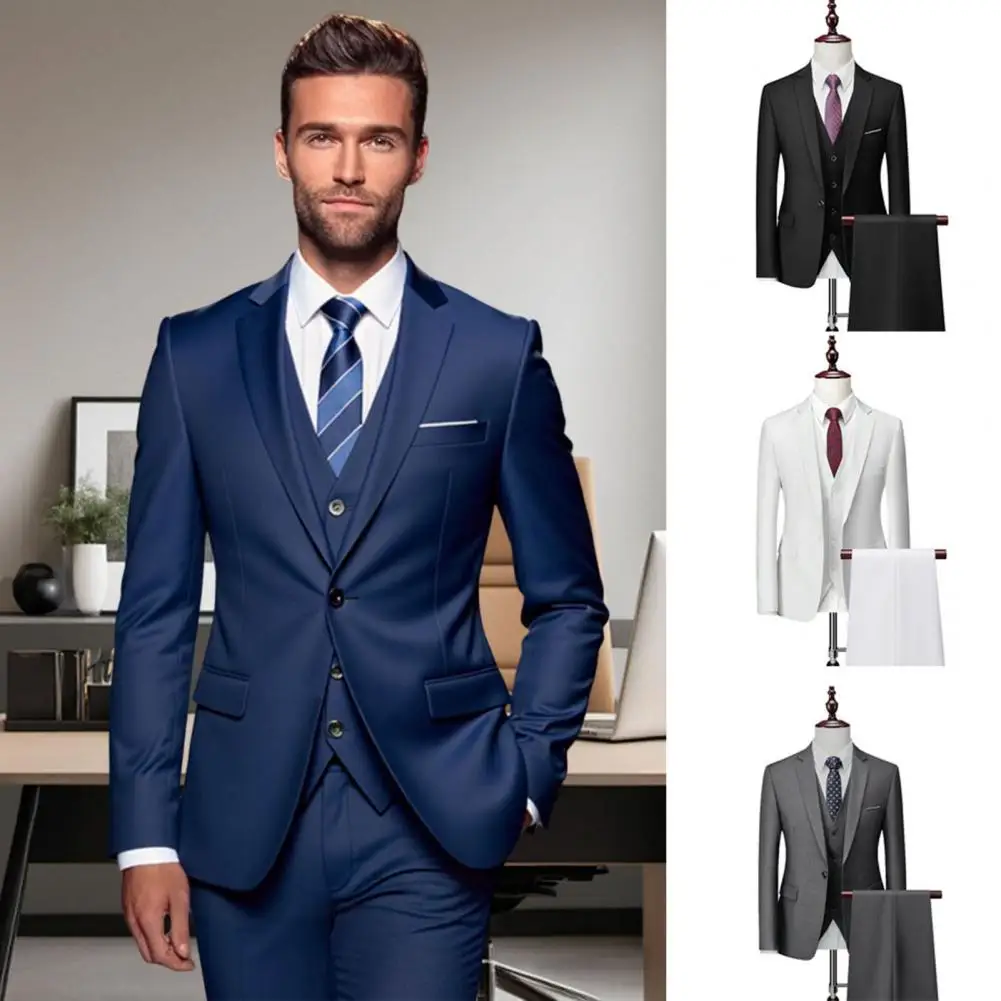 

3Pcs/Set Men Suit Lapel Long Sleeve Suit Coat Waistcoat Long Pants Set Solid Color Full Shoulder Design Business Suit