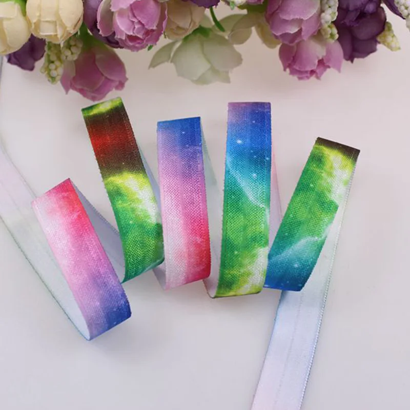 

15mm Custom Designs Heat Transfer Rainbow Galaxy Printed FOE Fold Over Elastic Ribbon 100Yards