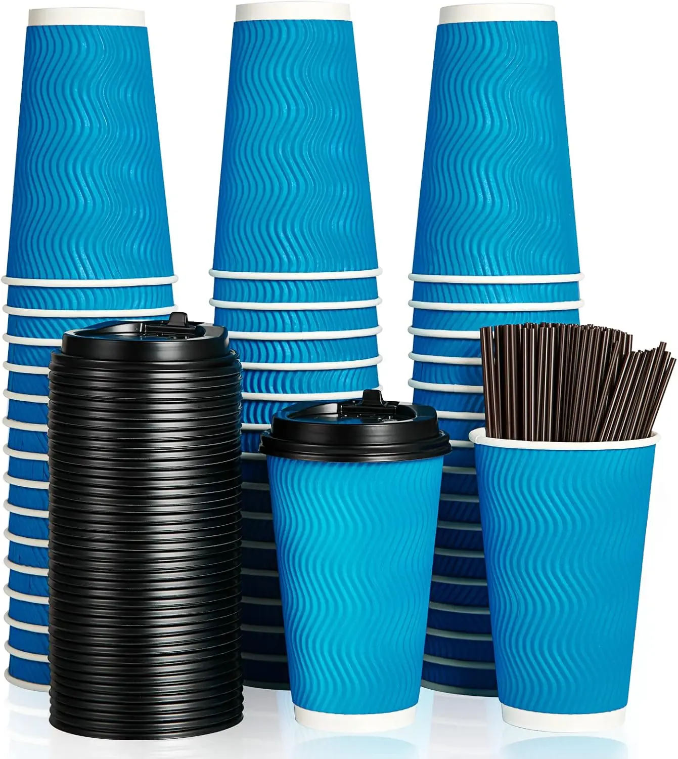

80 Count 16 oz Coffee Cups with Lids and Straws, Insulated Ripple Wall Paper Hot Coffee Cups for Home, Office, Hotel, Me