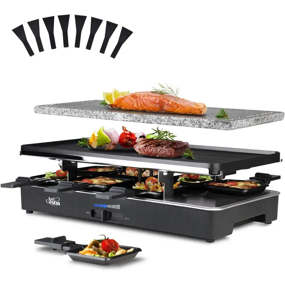 

2-in-1 1700W Adjustable Temperature Raclette Grill with & Non-Stick Cast Plates | Includes 8 Mini Pans & Spas | Extended Power C