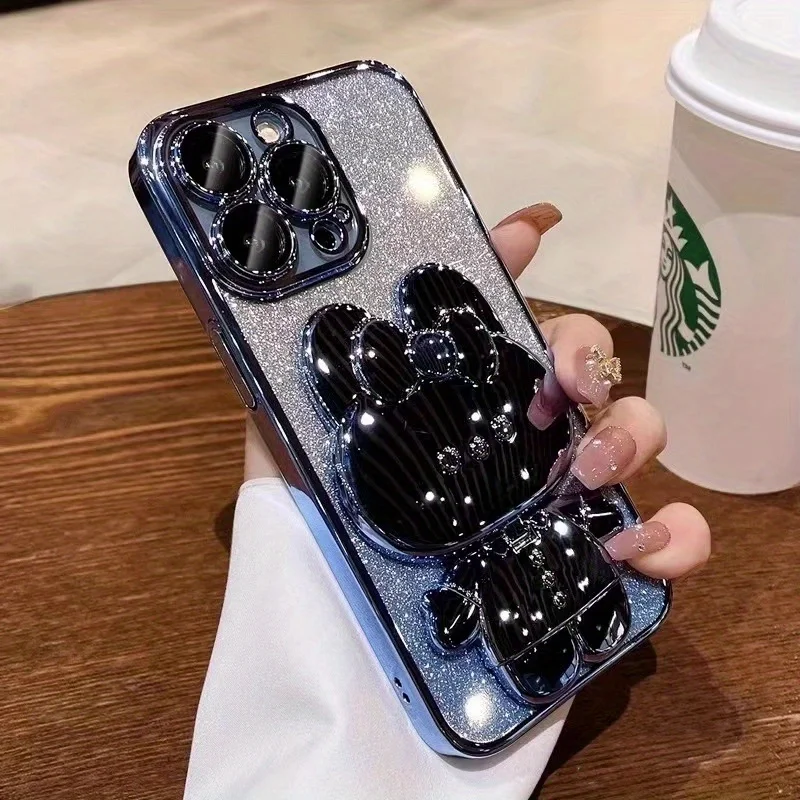 Glitzernder Hasenspiegel mit Farbverlauf und Halterung für iPhone 16 11 12 13 14 Plus 15 Pro Max, Linsenschutz, weiche TPU-Abdeckung – Detail 9