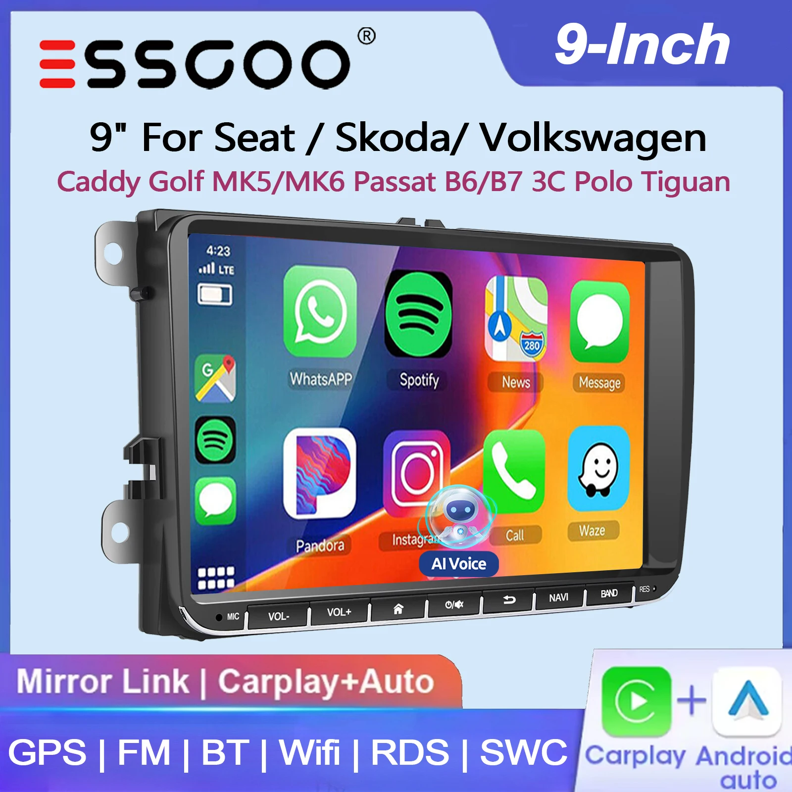 Essgoo 9" 64g Android 15 für Seat Skoda VW Golf 5 6 Plus Tiguan Touran Polo Caddy Eos 6R Passat Jetta Rabbit T5 Sharan Autoradio Wireless Carplay Android Auto GPS-Navigation FM Bluetooth Wifi RDS SWC