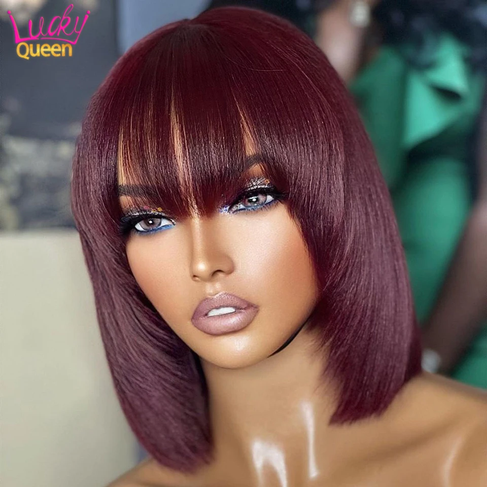 Wig Bob pendek warna Burgundy dengan kepadatan 180 untuk wanita wig rambut manusia lurus Brasil dengan poni 99J tanpa renda buatan mesin penuh