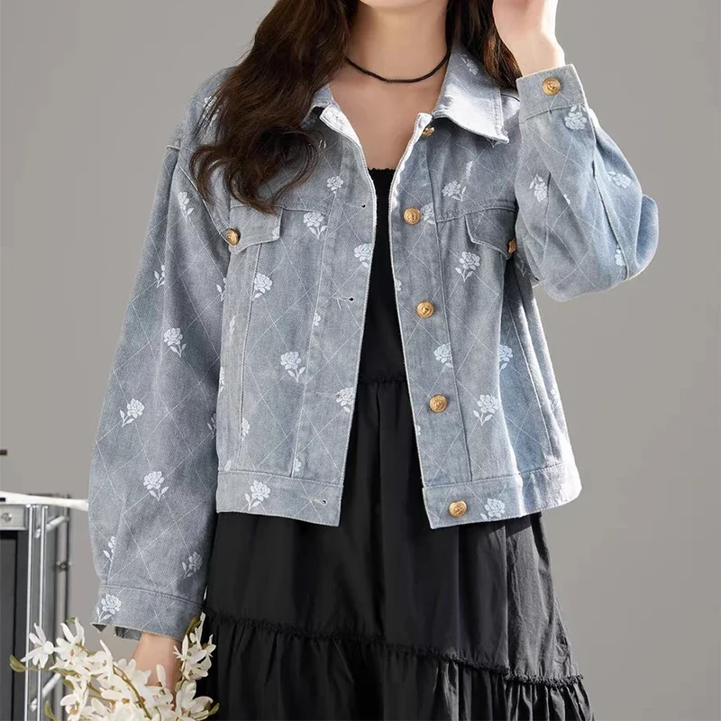 

Flower Printed Women Denim Coat Fashion Plaid Button Up Short Jacket Fall Loose Jacket Vintage Turndown Collar Top Outerwear Y2K