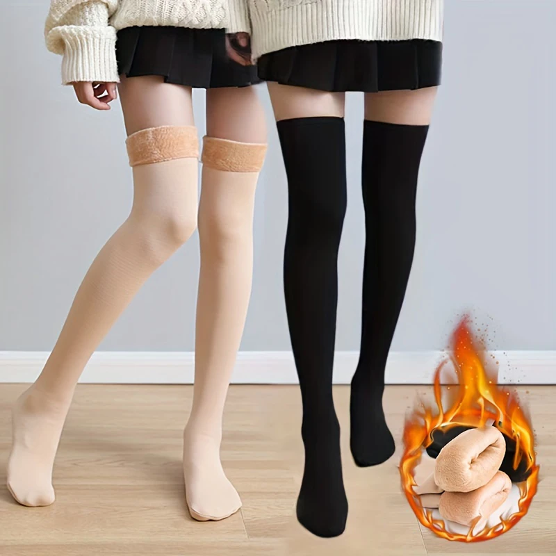 Chaussettes thermiques épaisses au-dessus du genou pour femmes, jambières, bas de neige chauds, chaussettes hautes, doublure sourire, monochromatique, hiver