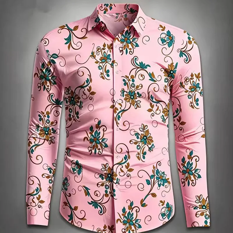Spring And Autumn Long Sleeve Men's Digital Printing High-end Fashion Trend Long Sleeve Shirt Retro Casual Men's Flower Shirt