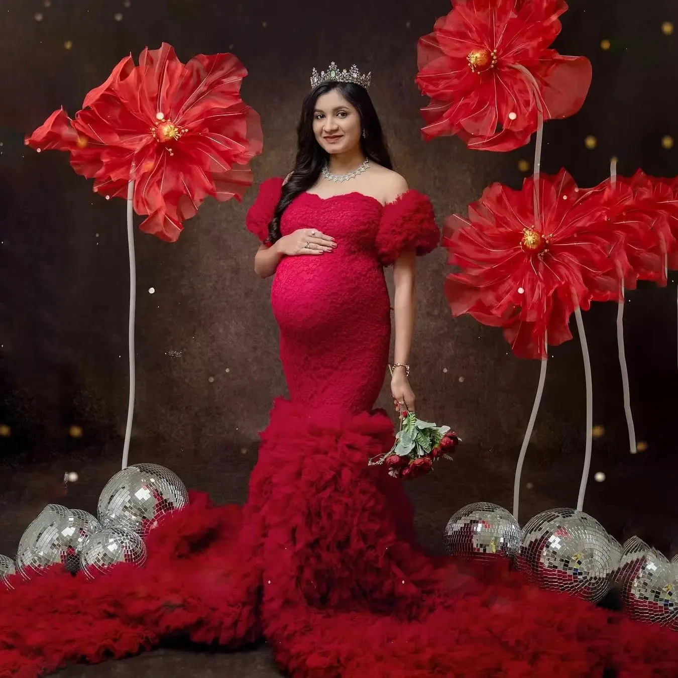 ブルゴーニュマタニティドレス写真撮影用マーメイドフリルチュールベビーシャワーオフショルダーロングウエディングドレスレース女性ドレスふわふわ