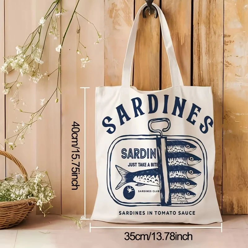 Vintage Sardines Canvas Tote Bag, Retro Sardine Can Print, Funny Seafood Reusable Shopping Bag