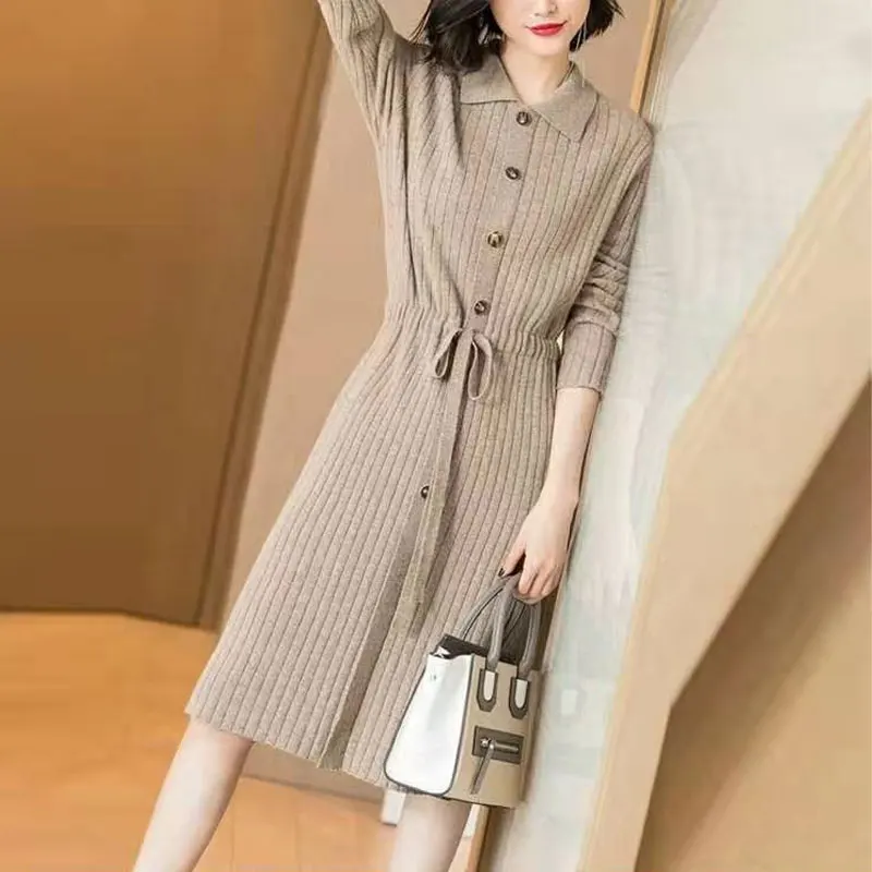 Vintage Basic Solid Color Knitted Midi Dress Autumn Winter Turn-down Collar Button Female Clothing Fashion Drawstring Dresses