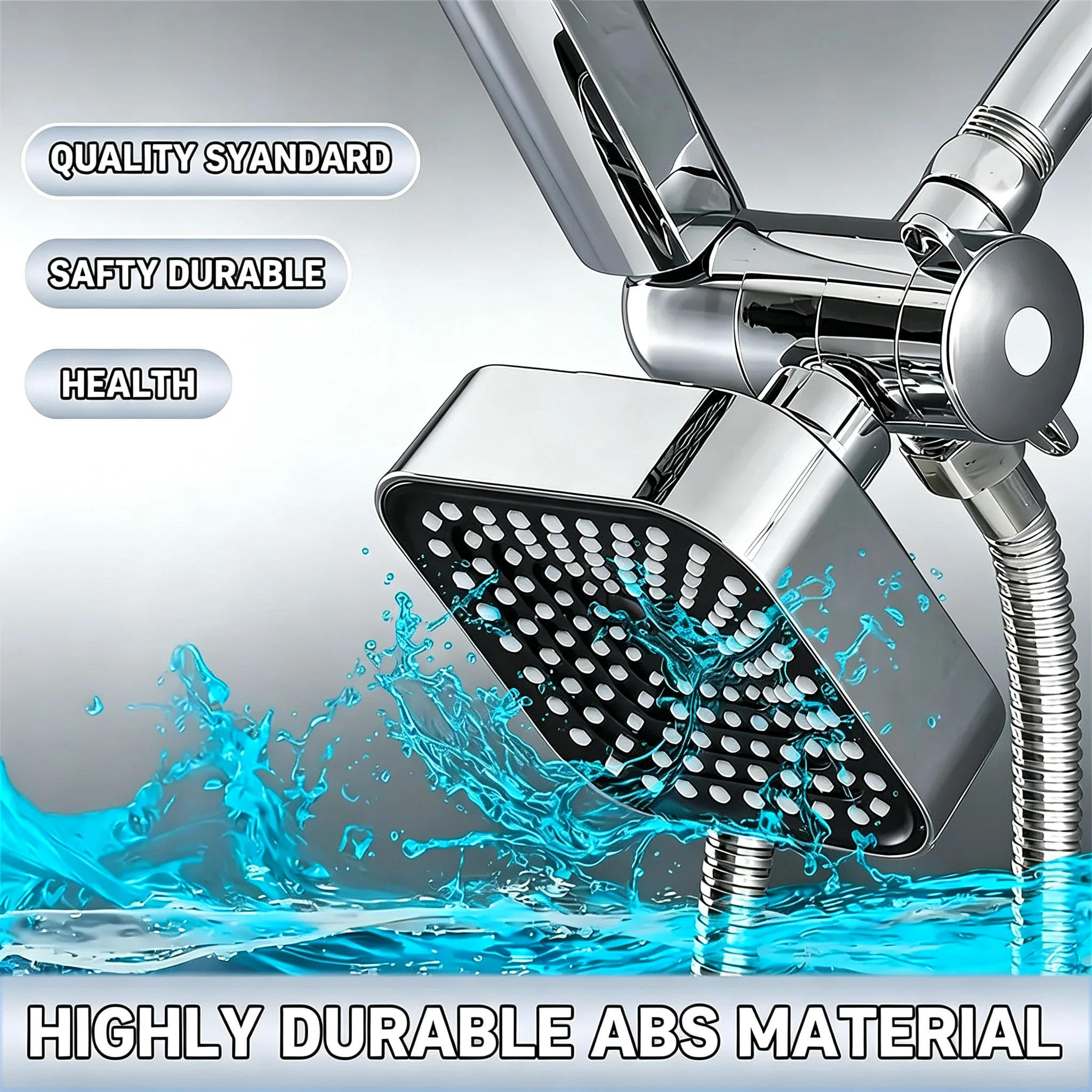 Modernes Doppel-Quadrat-Duschkopf-Set zur Wandmontage mit Hochdurchfluss-Multisprühsystem, Drehbarem Halter, Flexiblem Schlauch und Verstopfungsfreier Düse – Detail 10