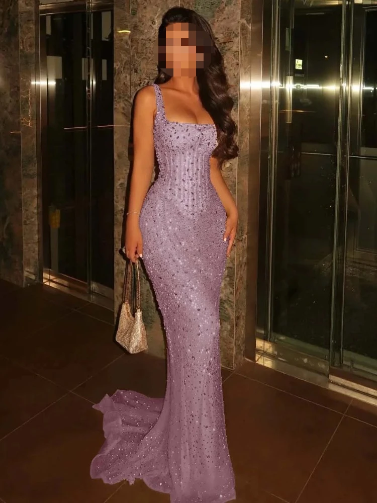Elegante zeemeermin rechter trein avondjurken glanzende pailletten vierkante kraag hoge kwaliteit sexy prom feestjurken voor vrouwen op maat