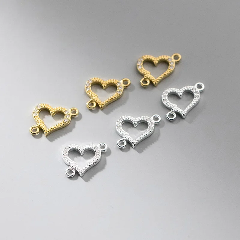 

1pc/Lot 925 Sterling Silver Double Loop Heart Connector Charms 12x8mm Shiny Zircon Necklace Bracelets Pendants DIY Jewelry Make