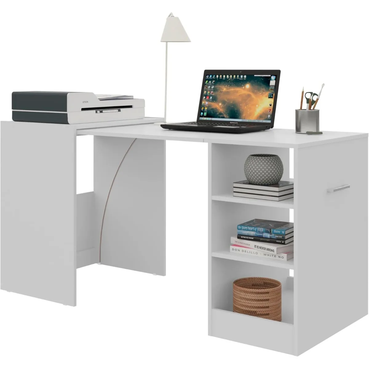 

Office Desk Table with Storage Shelves and Printer Stand, Modern, Folding Compact Corner Computer Desk for Gaming, Work