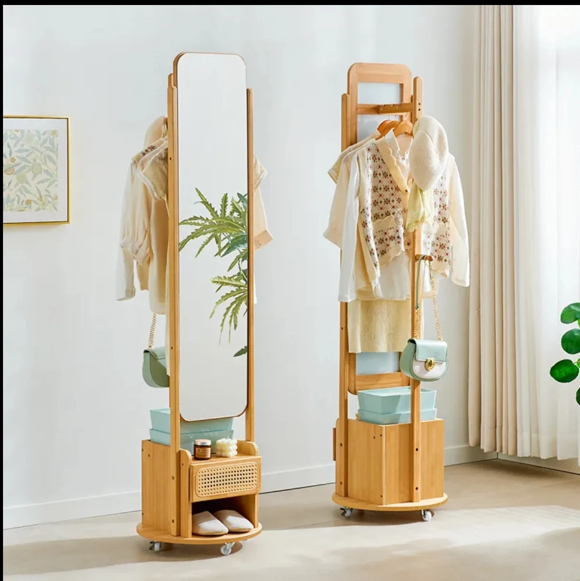 Full-body dressing mirror household floor mirror rotating movable solid wood hanger integrated bedroom fitting mirror