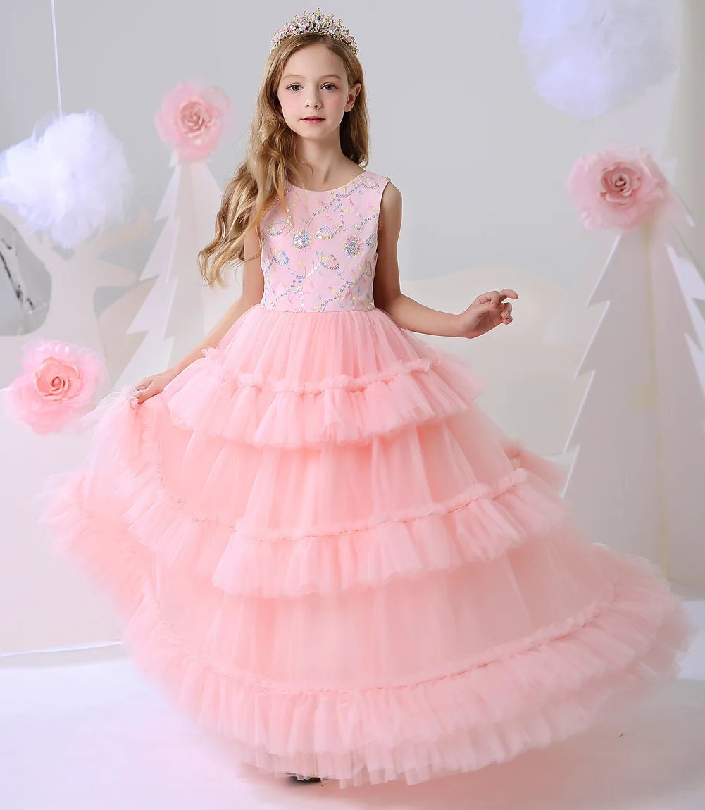 Roze Eerste Communie Jurken Voor Meisje Little Baljurk Tulle Tiered Lange Bloem Meisje Jurken Voor Bruiloften Kids Baby