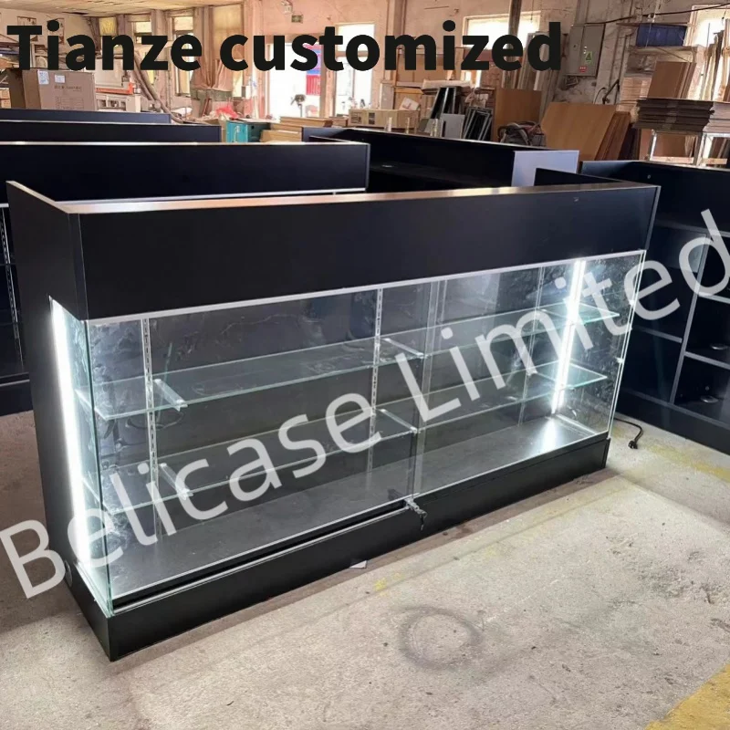 

Customized-6 Feet Multifunctional Retail Store Shop Cash Desk Wooden Ledge Top Checkout Counter With View Front Glass Showcase