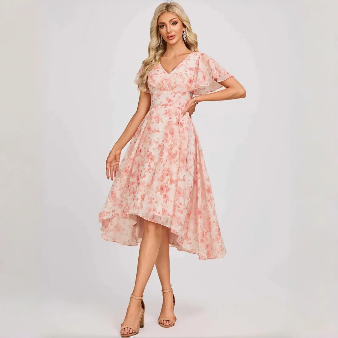 Women Floral Print Chiffon Midi Dress V Neck Flutter Sleeve High Low Irregular Hem A Line Dress Elegant Wedding Guest Dress