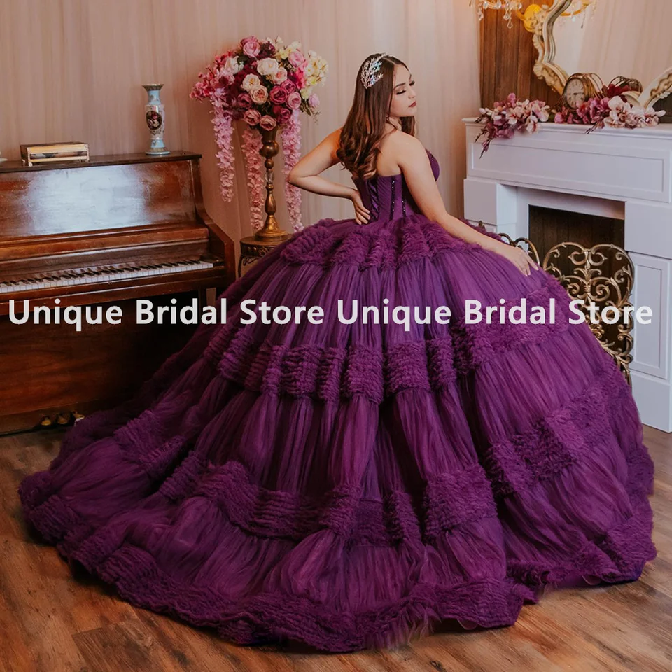Customized Dark Purple Ball Gown Quinceanera Dress Gorgeous Sweetheart  Sleeveless Beads Ruffles Tulle Party Dresses Sweet 15 Yea