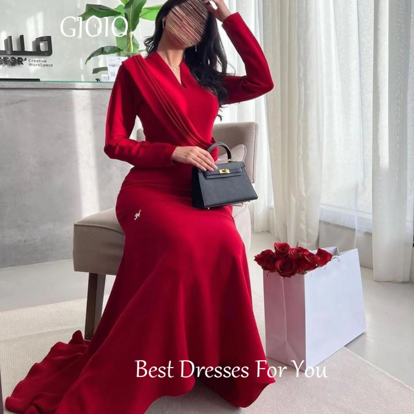 GIOIO V-Neck Luxury Formal Evening Dress Red Sheath Pleat Long Sleevels فساتين سهرة Floor Length Elegant Prom Growns Party Women