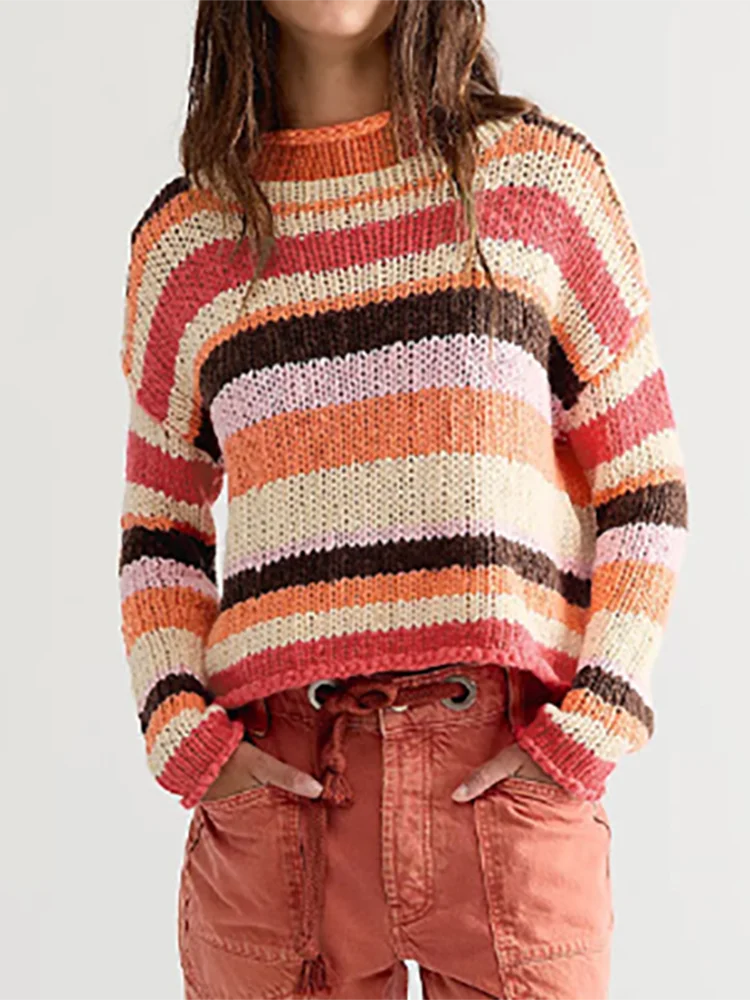 Autumn Winter Women Elegant Soft Loose Sweater 2026 Casual Simple Knitted Tops Fashion Contrasting color Stripes Pullover Jumper