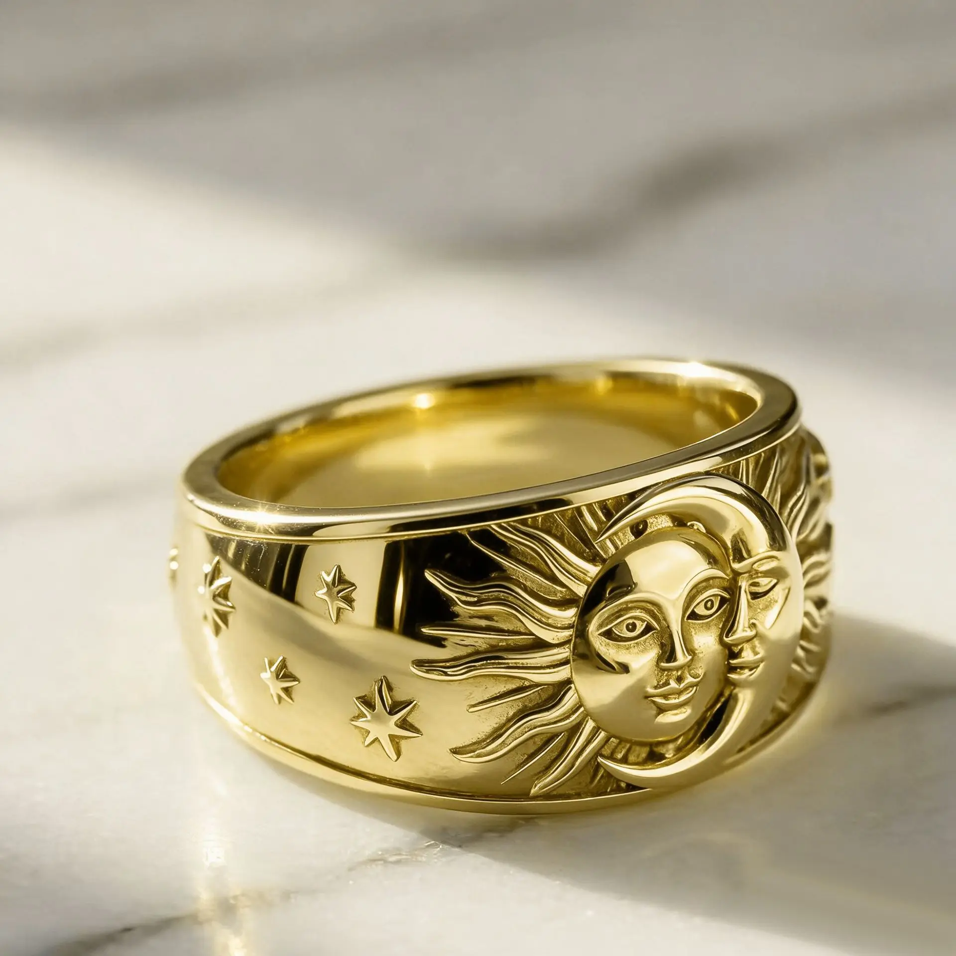 18K Gold Plated Starburst Wide Band Ring Women CZ Inlaid Eight Point Star Vintage Stackable Daily Jewelry