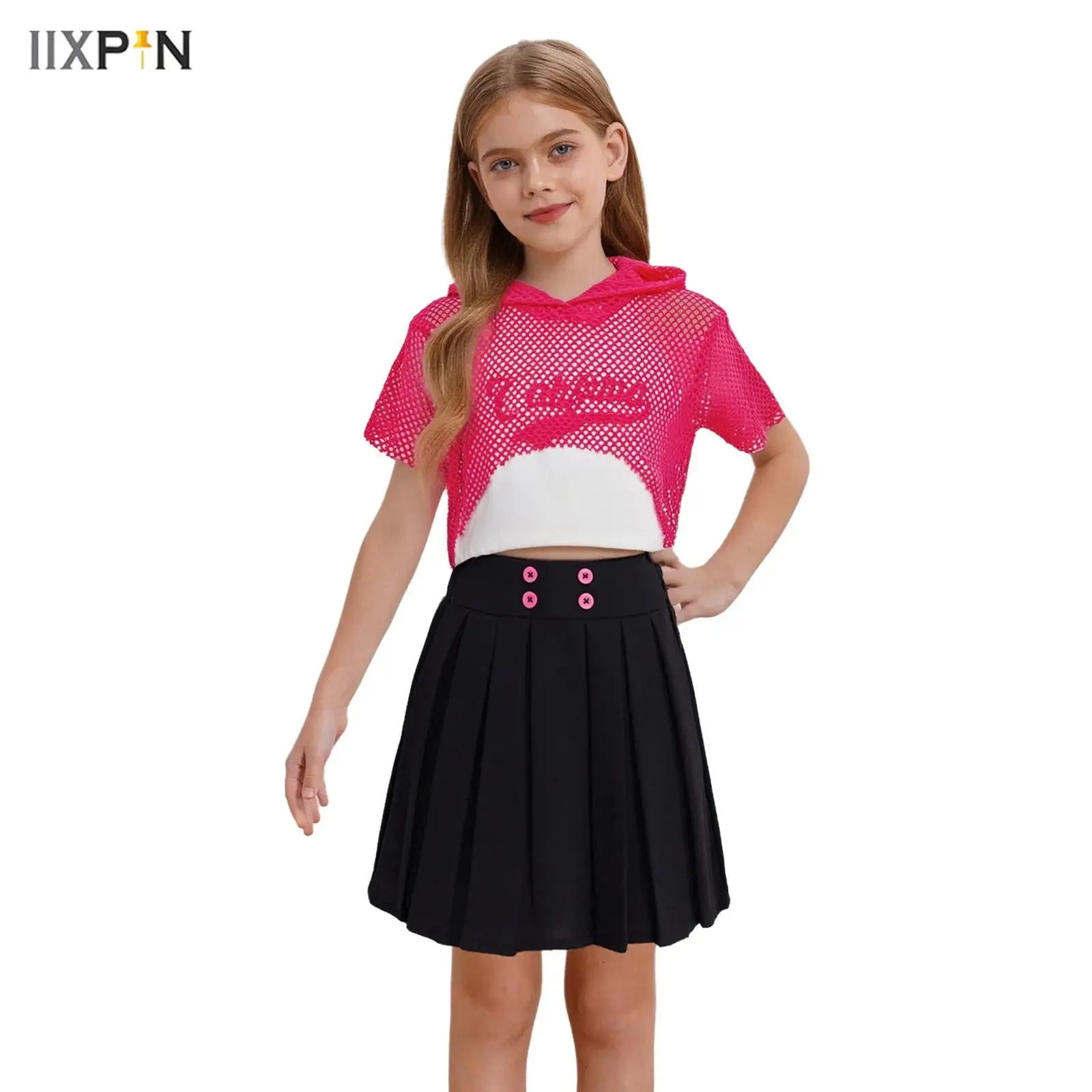 

Kids Girls 3-Piece Outfit Hip Hop Dance Costume Streetwear Short Sleeve Hollow Out Mesh Hoodie+Letter Printed Vest+Pleated Skirt