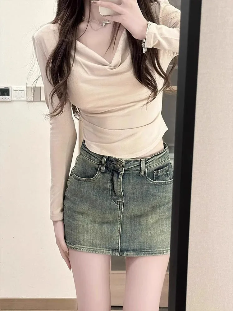 

Джинсовая женская юбка с высокой талией в стиле ретро, весна-лето, юбка трапециевидной формы с расклешенной юбкой с высокой талией