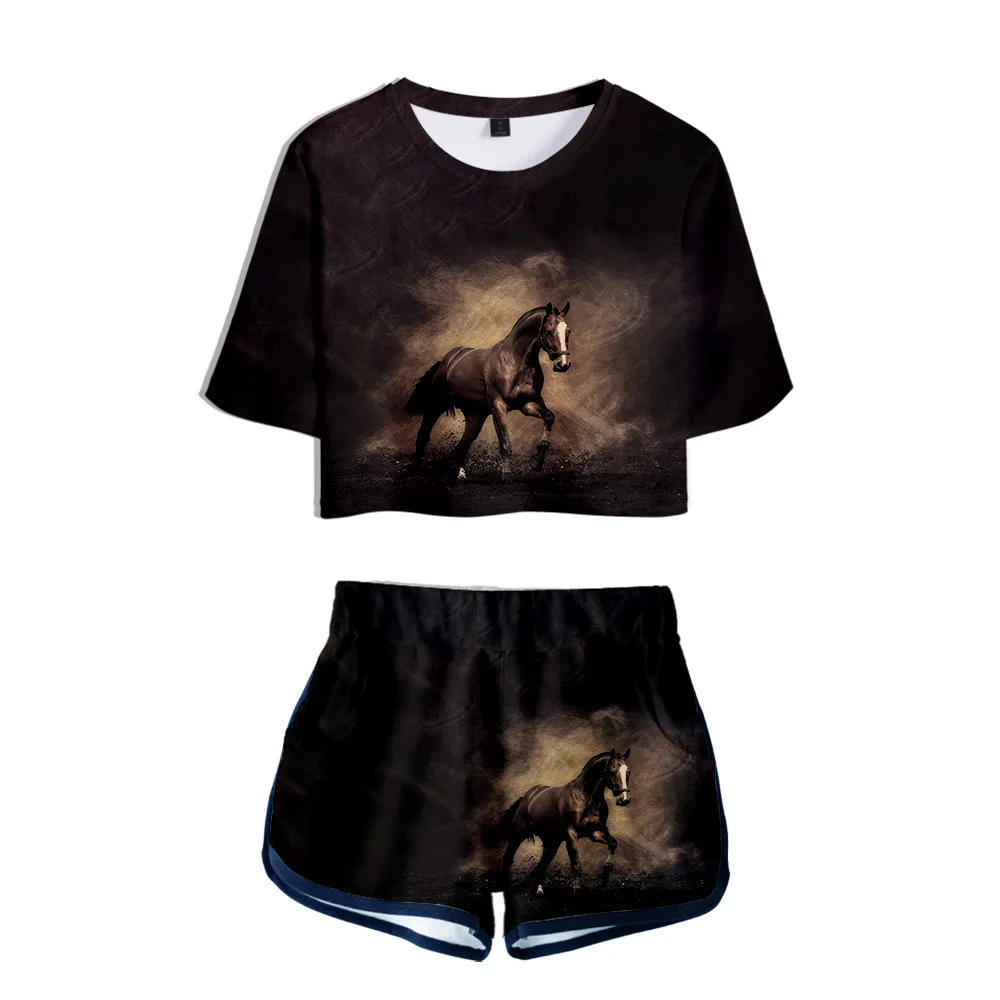 Two Piece Set 3D Animal Horse Print T shirt Casual Harajuku Suit Shorts Crop Top Fashion Tops and Shorts Pants
