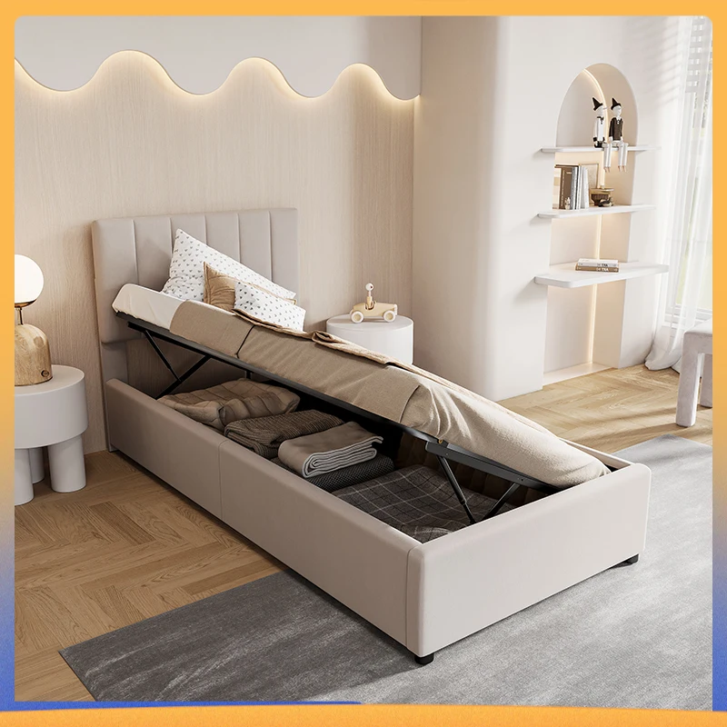 Creahappy-90x200 cm Lit capitonné, lit coffre hydraulique, lit coffre haut en lin respectueux de la peau, lit simple beige
