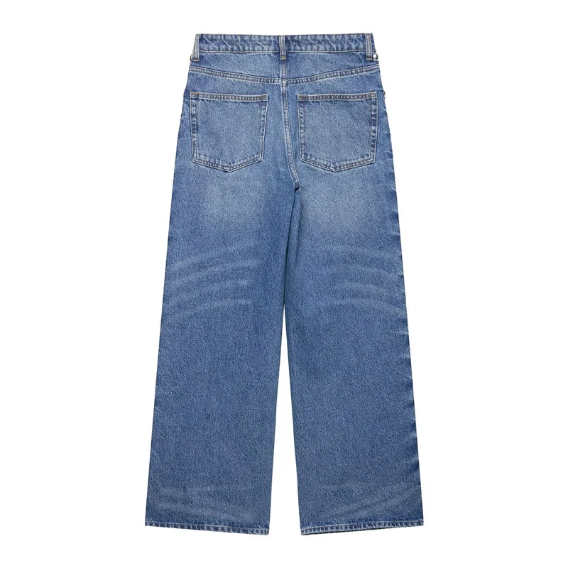 New Fashion Casual High Waist Solid Color Loose Fit Versatile Metal Stud Detailing Straight-Leg Demin Jeans