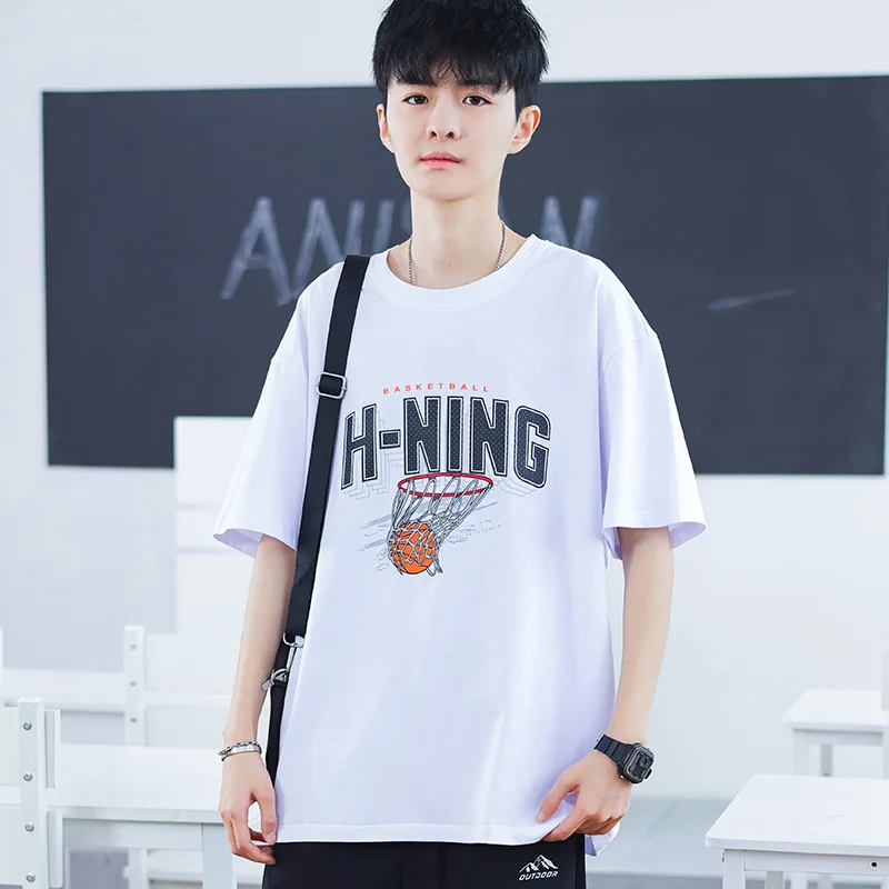 2024 New Cotton T-shirt Boys Short Sleeves Summer Youth Trend Junior High School Students Handsome Big Boys Men's Clothing