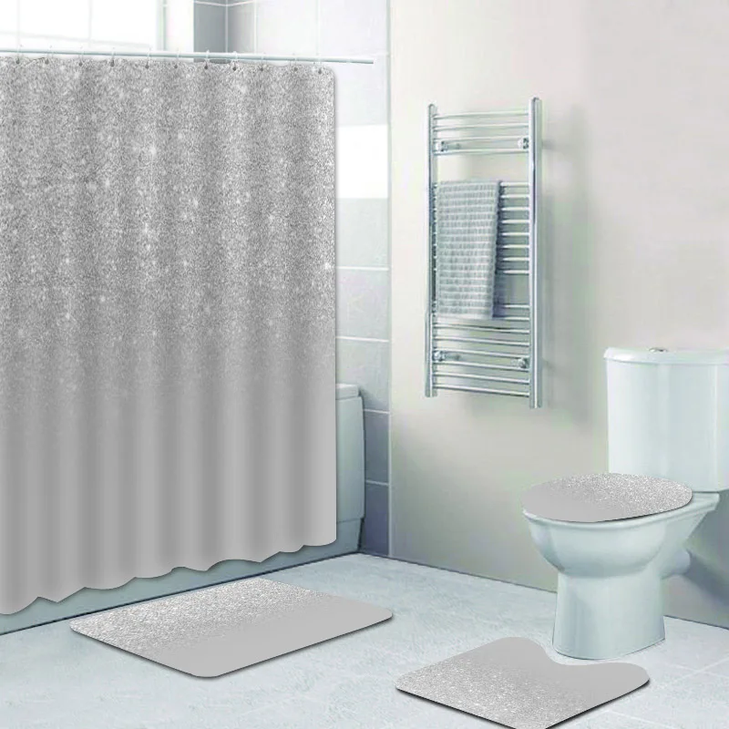 3D Luxury Grey Silver Gold Falling Glitter Confetti Metallic Sparkles Shower Curtian Set Elegant Bathroom Curtain Toilet Mat Rug