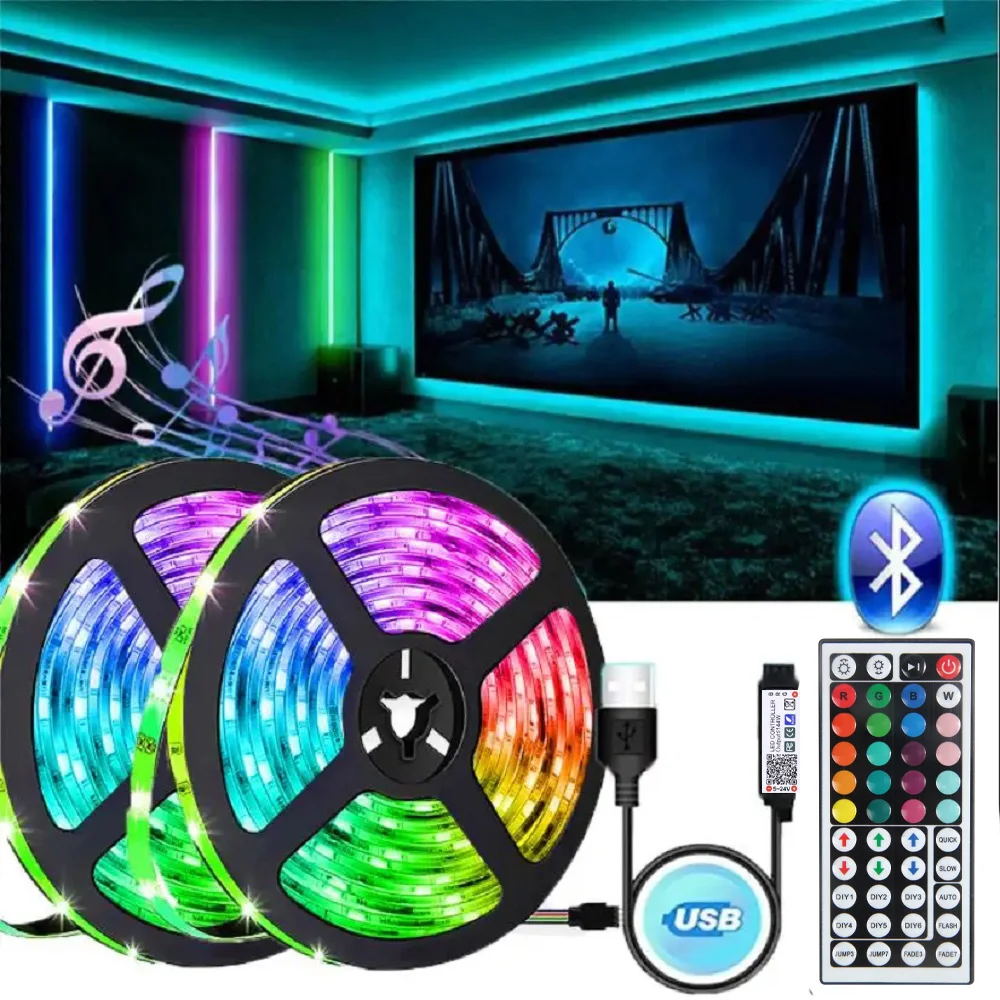 Taśma LED Sterowanie Bluetooth Synchronizacja muzyki 5050 RGB 44 klawisze Elastyczna wstążka na podczerwień Luces Led 1M-30M 5V USB Dekoracja pokoju