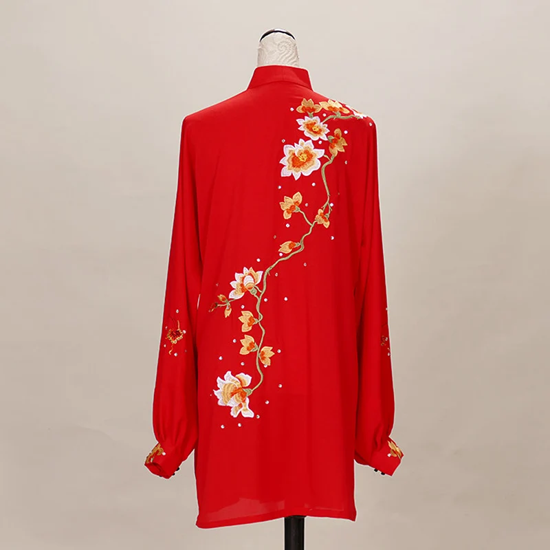 Starlight Linen Tai Chi Suit Women Bright Red Embroidered Flower Small Button Qigong Training Wear Custom Design Practice Outfit