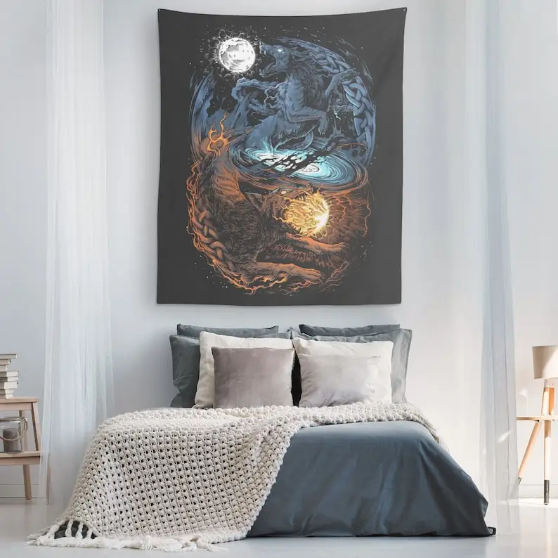 Hati Sköll Wolf Norse Mythology Tapestry, Pagan Viking Wolves Wall Art