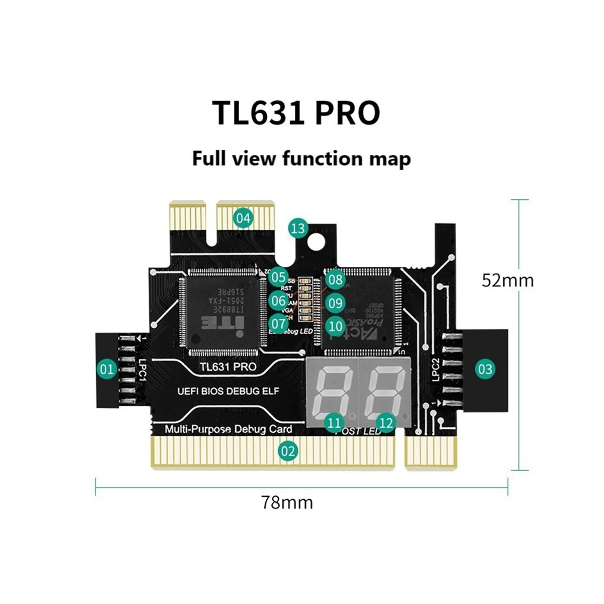 بطاقة تشخيص TL631 Pro + بطاقة توسيع ، PCI-e ، لوحة أم صغيرة PCI-e ، متعددة الوظائف