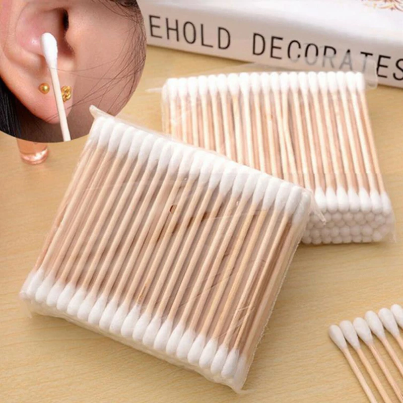 100/200Pcs Wegwerp Dubbele Hoofd Wattenstaafje Buds Tip Wood Sticks Cosmetische Neus Oor Schoonmaken Makeup Tools