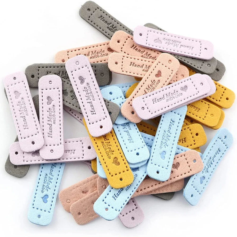 20/50PCS Handmade with Love Heart Leather Tag Labels Embossed Tags with Holes Sewing Tags DIY Sewing Crochet Garment Supplies