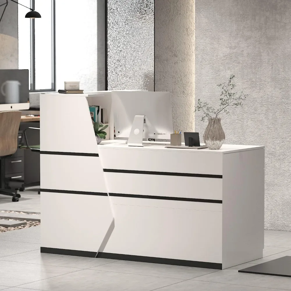 

Reception Desk, Front Counter Desk with Lockable Drawer & Bookshelf, L Shape Reception Table Wooden Computer Table for Office, B